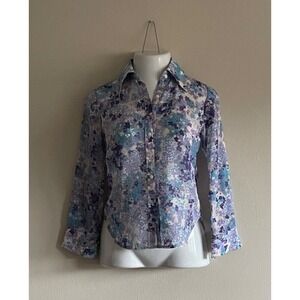 Vintage‎ Multicolor Floral Print Long Sleeve Button Up Sheer Chiffon Shirt S